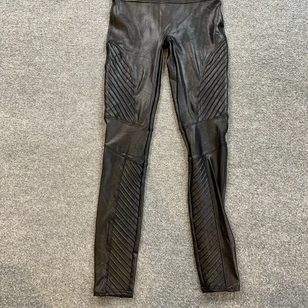 Spanx Leggings Womens S Small Black Faux Leather Moto Coated Wide Waistband